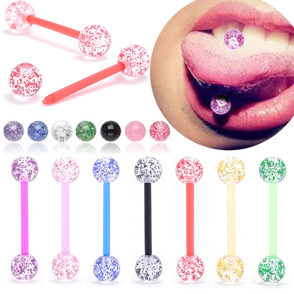 8pcs/lot Soft Acrylic Barbell Sex Tongue Piercing Tongue Rings Flashing Powder Plastic Nipple Ring Ear Body Jewelry