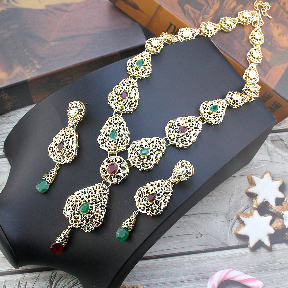 Algerije Marokko Sieraden Sets Lange Oorbel Ketting Set Voor Vrouwen Holle Arabesque Hanger Ketting Goud Kleur Bruid Sieraden