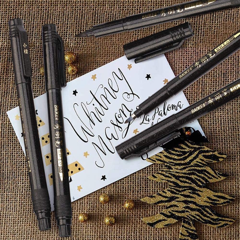 Hand Lettering Calligraphy Brush Pen Markers Set, Soft and Hard Tip, Black Ink Refillable