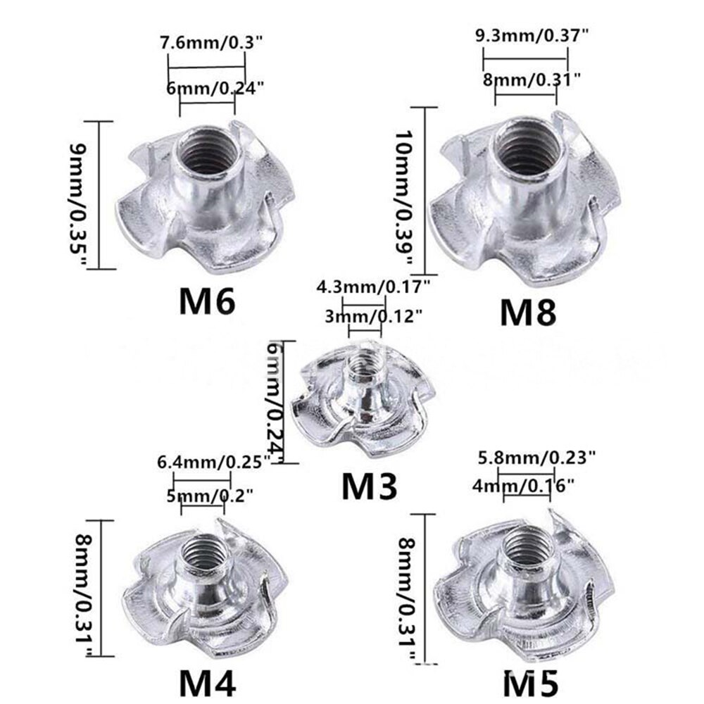 120pcs Four-needle Blind Rivet Nuts For Wood M3, M4, M5, M6, M8