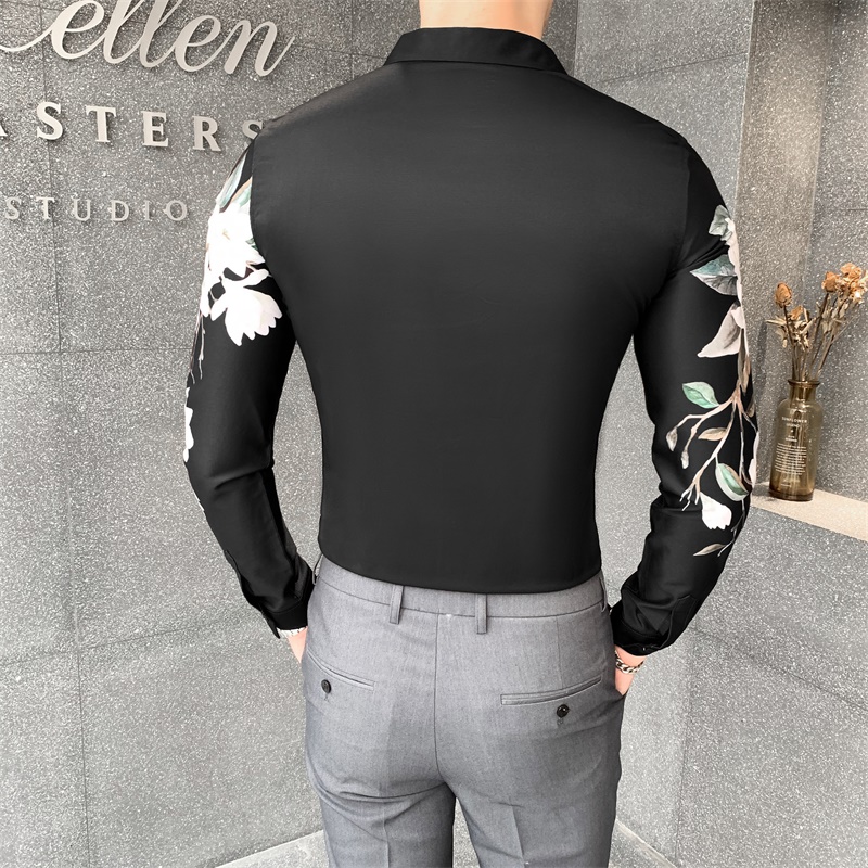 Autumn Winter Shirt Men Korean Slim Fit Floral Shirts for Men Clothing All Match Long Sleeve Men Casual Shirts Club Tuxedo