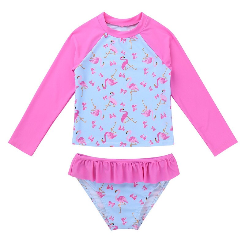freundlicher Mädchen Tankini Badeanzug Lange Ärmeln Flamingo Gedruckt Rashguard Bademode Badeanzug einstellen Spitzen mit Rüschen Schwimmen BöHöhle