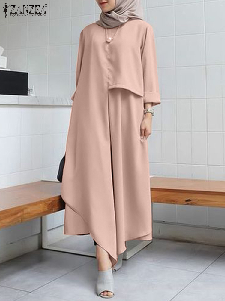 Solid Matching Sets 2022 ZANZEA Muslim 2PCS Sets Women Irregular Hem Blouse Long Pant Sets Party Loose Turkey Islamic Clothing