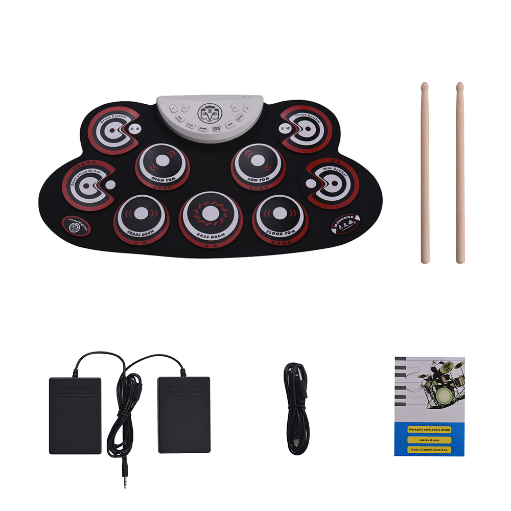 Bærbar størrelse elektronisk trommesæt 9 silikone tromme pads folde trommesæt usb/batteri drevet med trommestikker fodpedal percussion: Stil 7 rød