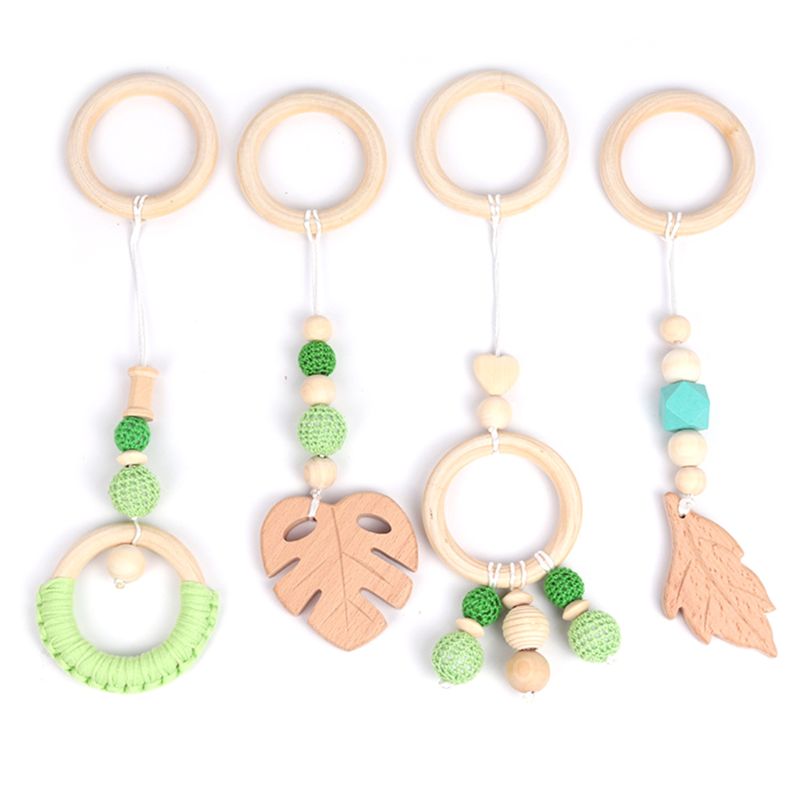 4 Stks/set Baby Play Gym Frame Wandelwagen Opknoping Hangers Hout Ring Bijtring Molaire: Leave Green