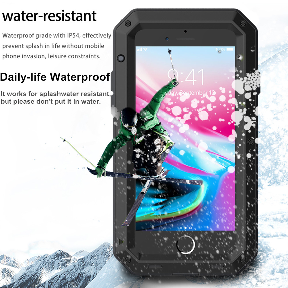 Lyxigt stötsäkert doom armor vattentätt metallfodral till iphone x xr xs max 8 7 6 6s plus 5 5s se 5c skal med skärm och glasfilm
