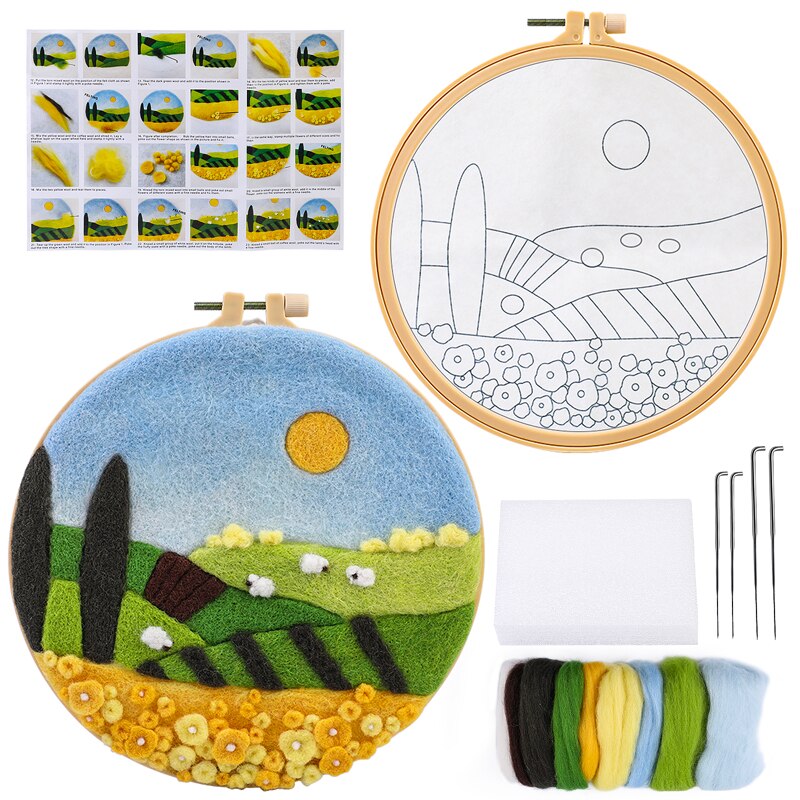 LMDZ 1 Set Landscape Painting Handmade DIY Wool Felting Material with Embroidery Frame Wool Fiber and Instructions