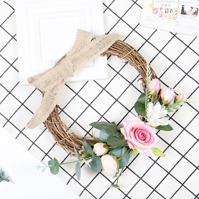 Home Decoration Garland Burlap Knot Artificial Rose Flower Wreath Hanging Wreath Front Door Window Wall Decor