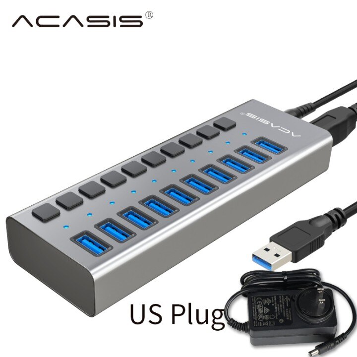 Acasis Multi USB 3.0 Hub 10 ports High Speed With ON OFF Switch Adapter Splitter USB Expander Computer Accessories: US Aluminum Gray