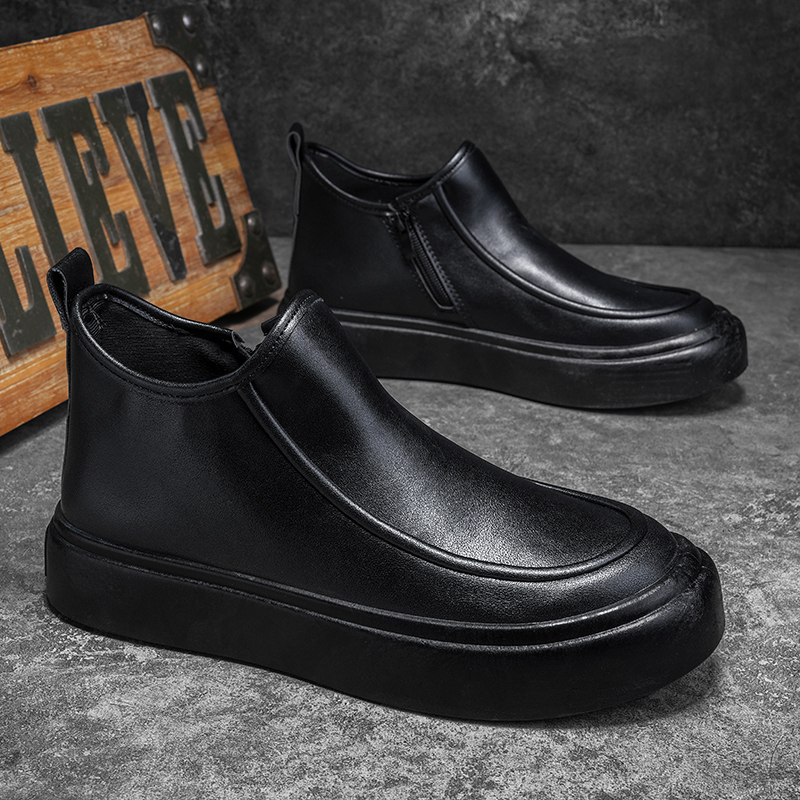 Männer's Schwarz Stiefel vielseitig lässig Leder Stiefel Reißverschluss PU eben Unterseite lässig gehen Schuhe Herbst und Winter Männer eins Fuß Schuhe