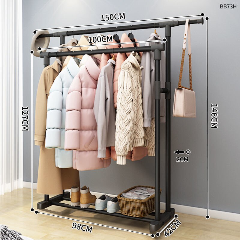 Clothes Rack Bold Single Rod Balcony Drying Rack Coat Rack Clothes Organizer: K150cm black double