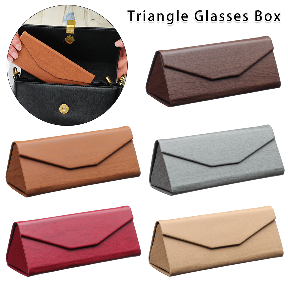 Boîte à lunettes pliante en forme de Triangle à aimant puissant, étui à lunettes étanche en PU, Grain de bois, boîte à lunettes de protection Portable 1 pièce