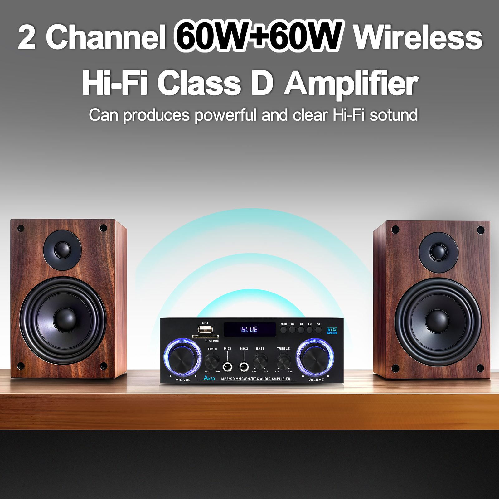 WOOPKER 60W * 2 Amplificatore audio AK50 HiFi Digitale Bluetooth Amplificatore di potenza Canale 2.0 FM USB AUX Amplificatore audio per Home Car Karaoke