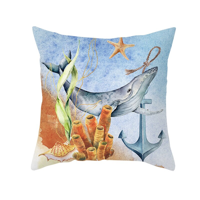 Taie d'oreiller de chambre à coucher pour bébé, 45x45cm, forme géométrique, fond de mer bleu océan, motif étoile de mer, dauphin