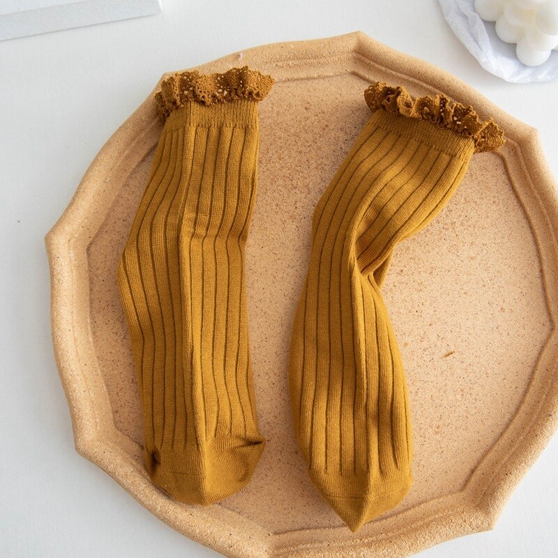 Japanese Style High School Students Loose Long Socks Solid Lacework Frilly Ruffle Socks Sweet Girls Kawaii Cute Woman Socks Sox: Ginger Yellow