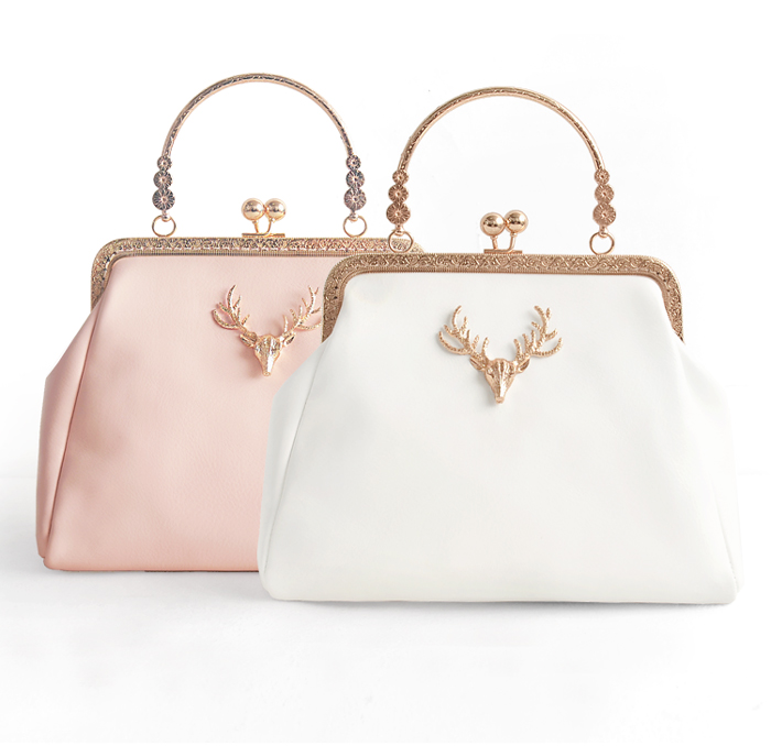 Angelatracy ciervo pequeño tres dimensiones de la boca cuero dorado PU cadena bolso de mano bolsa de mensajero Paquete de mujer bolso de mano: Women Bag White