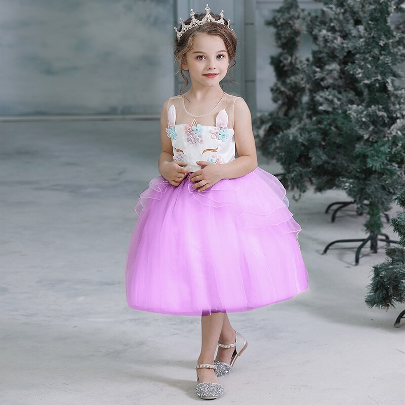 Flickor enhörning tutu klänning sommar barn prinsessa vestido flickor födelsedagsfest klänning barn sommar klänningar 3-8y barn kläder: Lila / 7