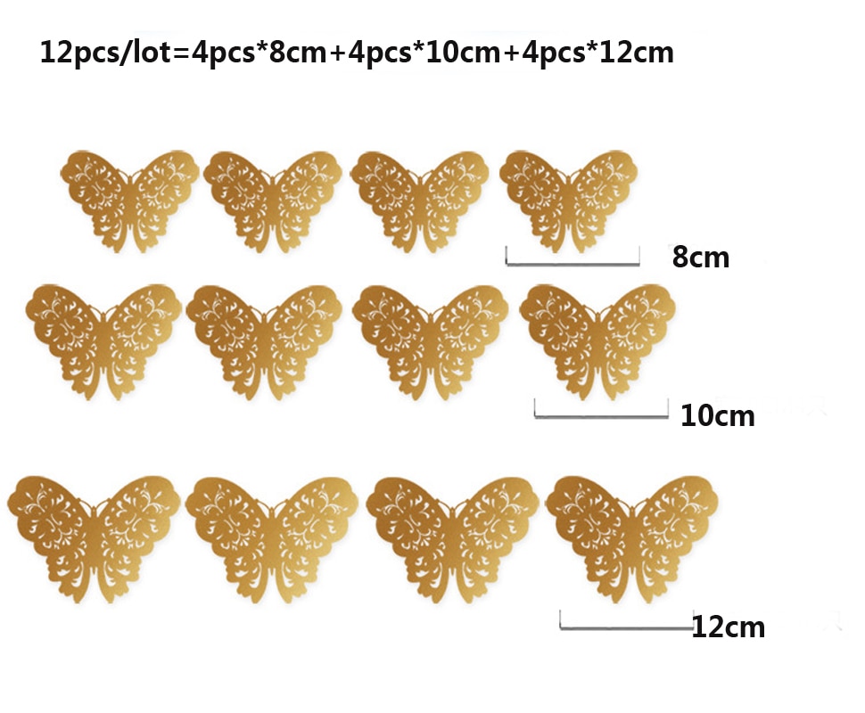 12 unids/lote de calcomanías de mariposa 3D doradas y plateadas para pared, calcomanías artísticas para el hogar, pegatinas para pared, decoraciones para exhibición de mariposas para fiestas y