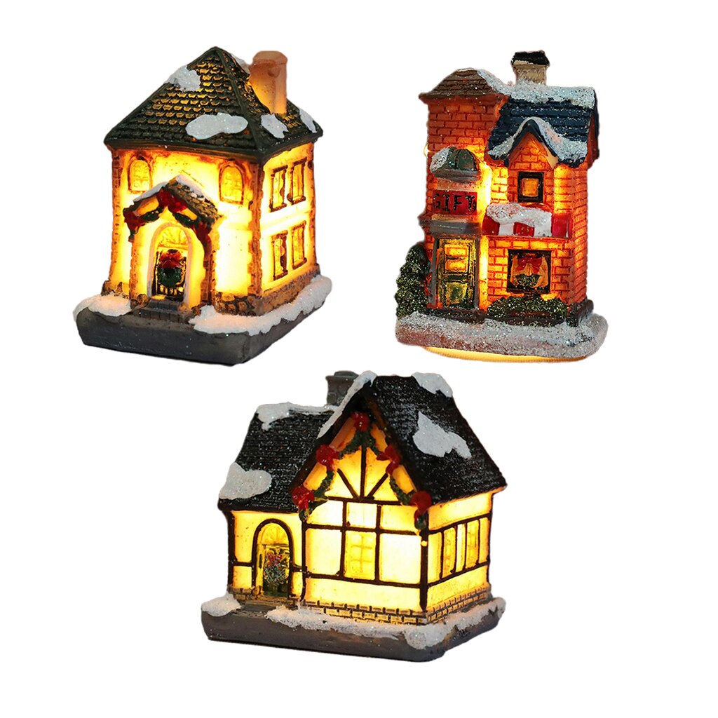 3Pcs 6-8Cm Kerst Licht Up Winter Dorp Miniatuur Huis Ornament Model