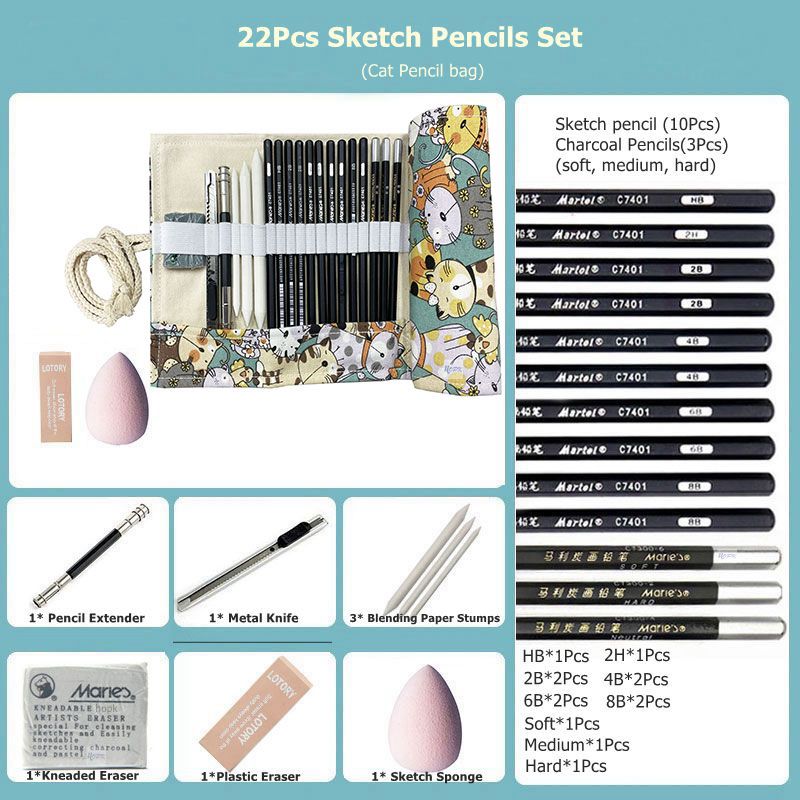 22Pcs Schets Potlood Set Professionele Schetsen Tekening Kit Hout Potlood Voor Beginner,Kid, Tiener, Volwassen, kunstenaar Kunst School Supplies