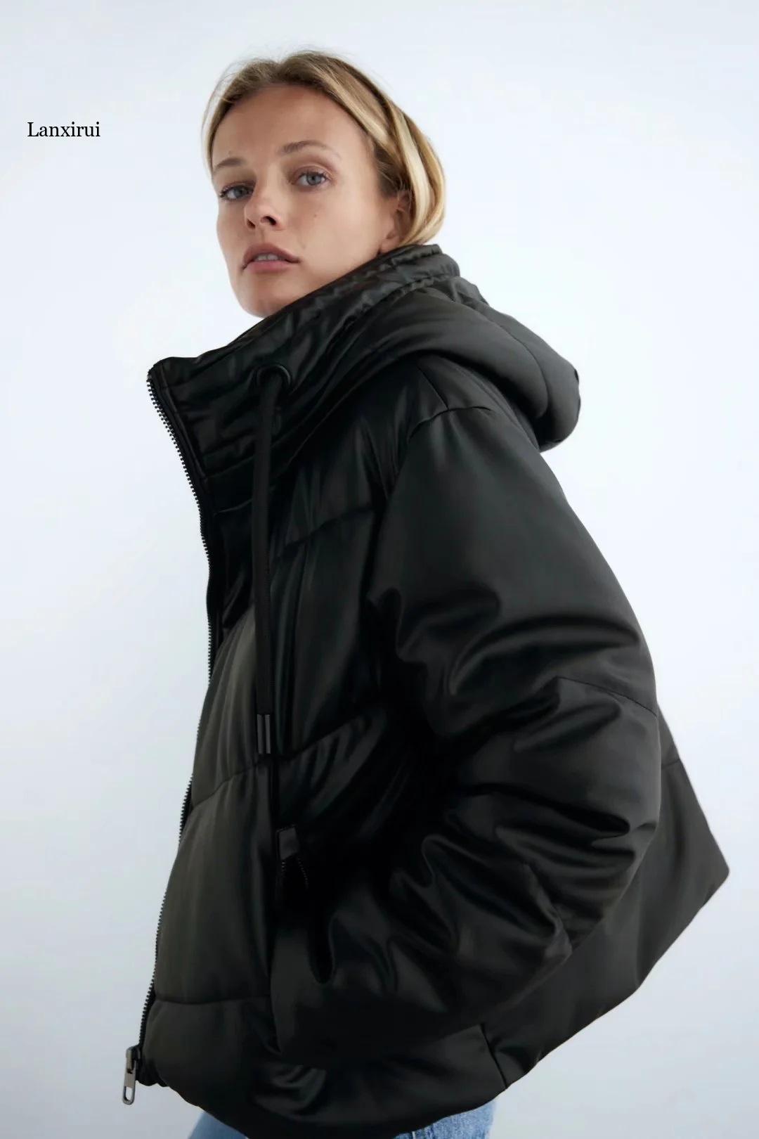 Dames wintermode verdikte parka's dame overmaat PU-jas met capuchon in effen kleur