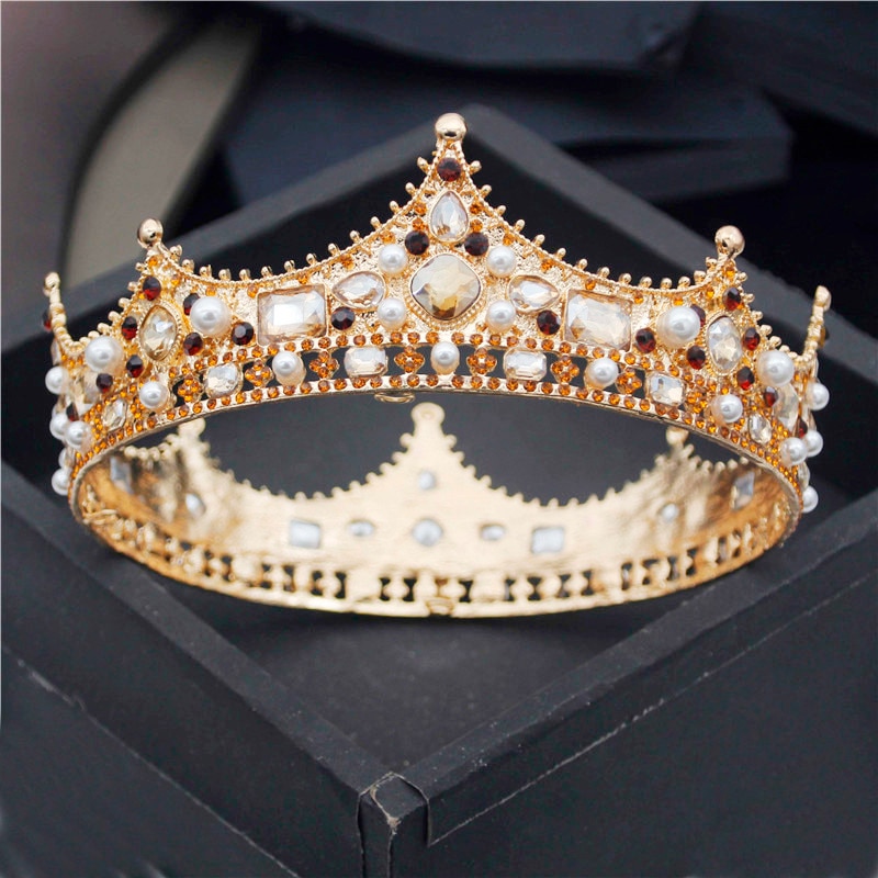 Baroque Royal King Diadem Men Crystal Pearls Metal Tiaras Wedding Crown Hair Jewelry Big Head Ornaments Prom Party Accessories