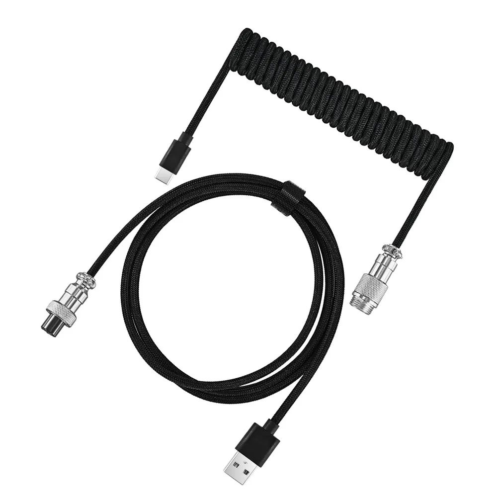 Cabo enrolado de teclado mecânico, porta USB tipo C, cabo de enrolamento de aviador para jogos e computadores desktop: Preto