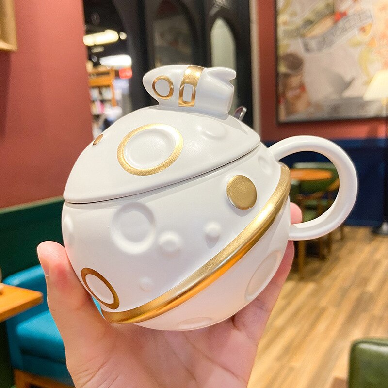 440ML Planet Cup Ceramic Mug with Lid Drinking Cup Spoon Home Coffee Cups Cute Coffee Mugs and Cups: White