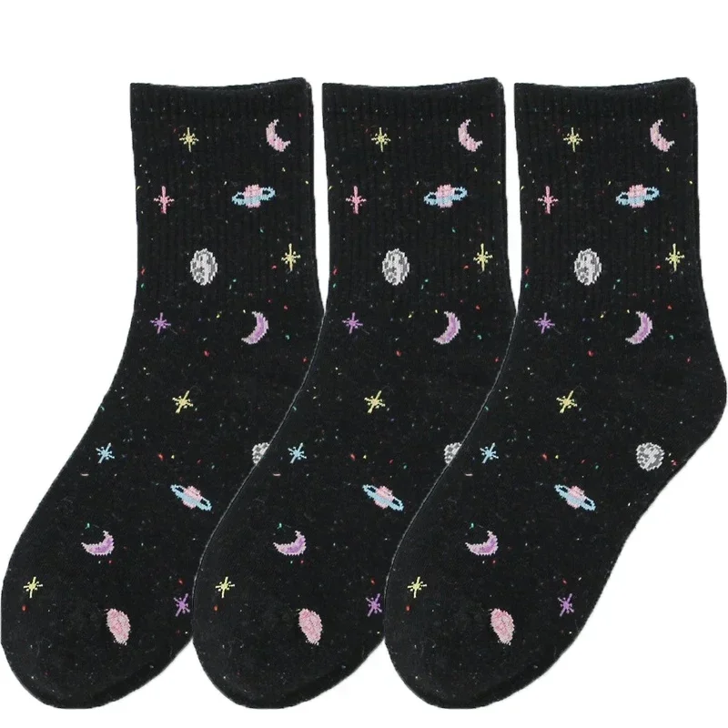 Calcetines divertidos con de estrellas y Luna para mujer, calcetín de tubo espacial con planeta Harajuku, colorido, dulce, cálido, informal, ropa de calle Meias: Negro