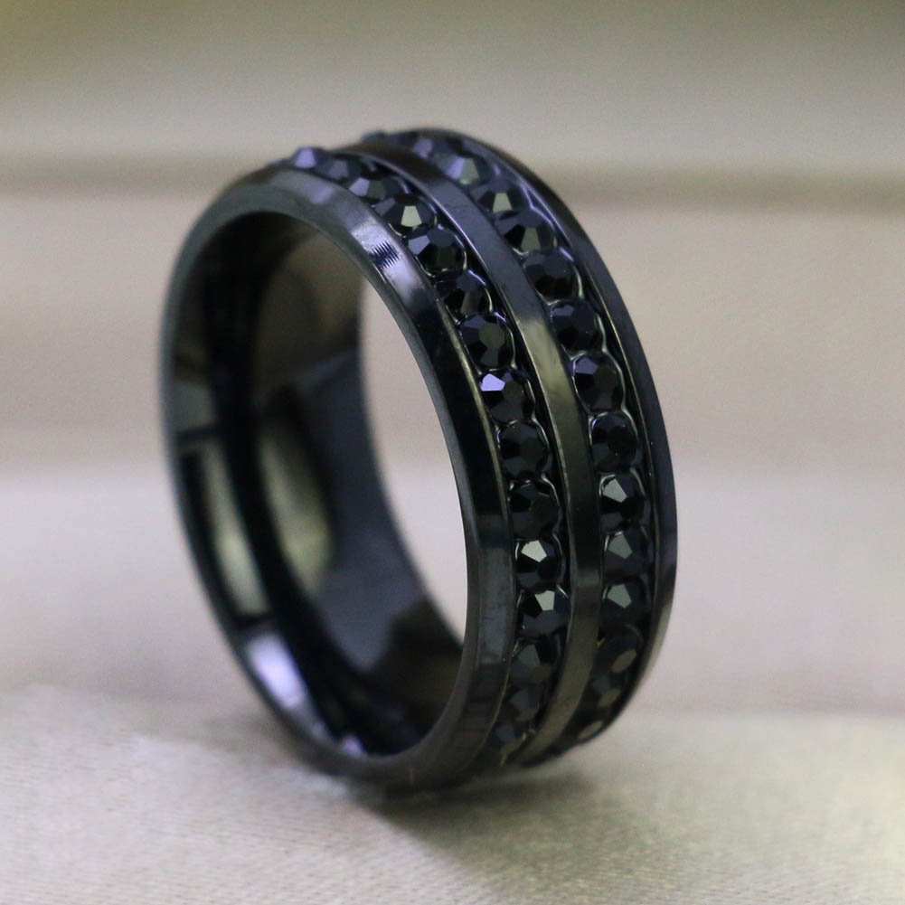 Anillos de pareja con dijes, conjunto de anillos románticos con diamantes de imitación negros para mujer, anillo de acero inoxidable con piedra CZ negra de dos filas para hombre, joyería de boda