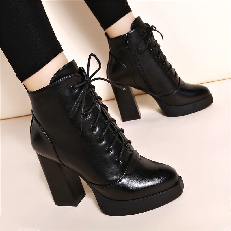 Ankle Boots For Women High Heels Short Boots Women Patent Leather Lace-up Red Black Shoes Lady Large size 40: 35