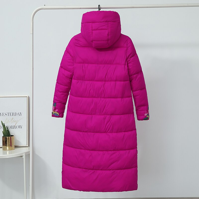 Lange Winter Parka Jassen Vrouwen Borduren Bloemenprint Vrouwen Jas Hooded Enkele Breasted Dikke Parka Vrouwelijke Jas