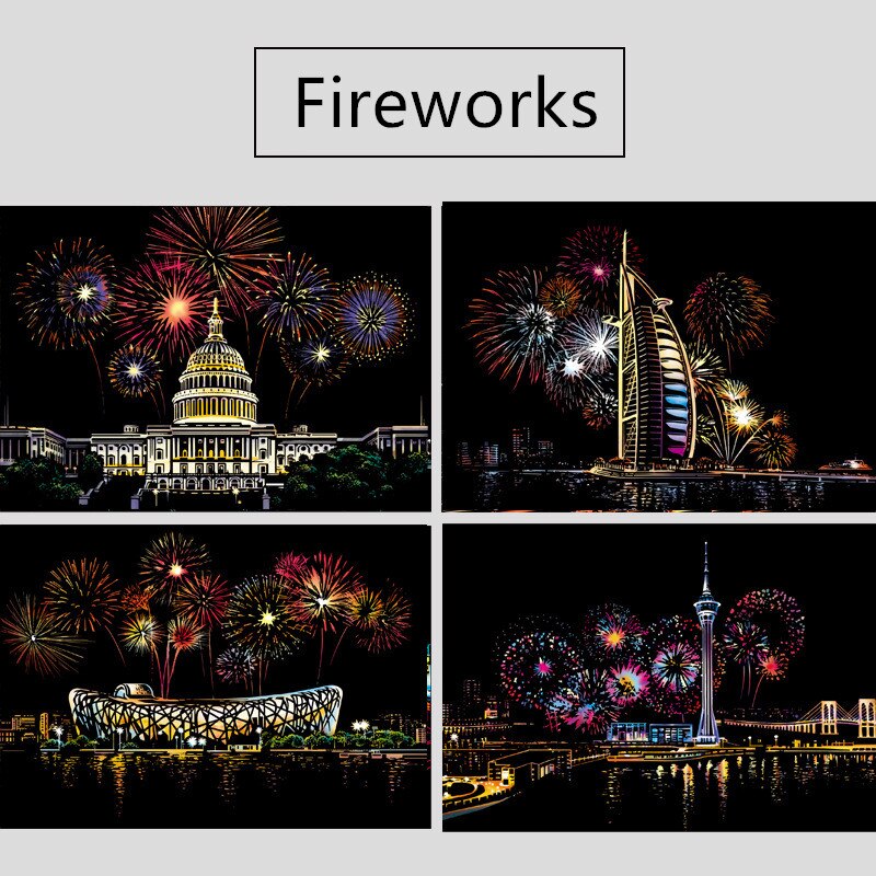 21*29cm 4PC DIY Scratch Paintings Card Animal Landscape Handmade decompression Drawing Toys Home Decor Picture: A4-Fireworks