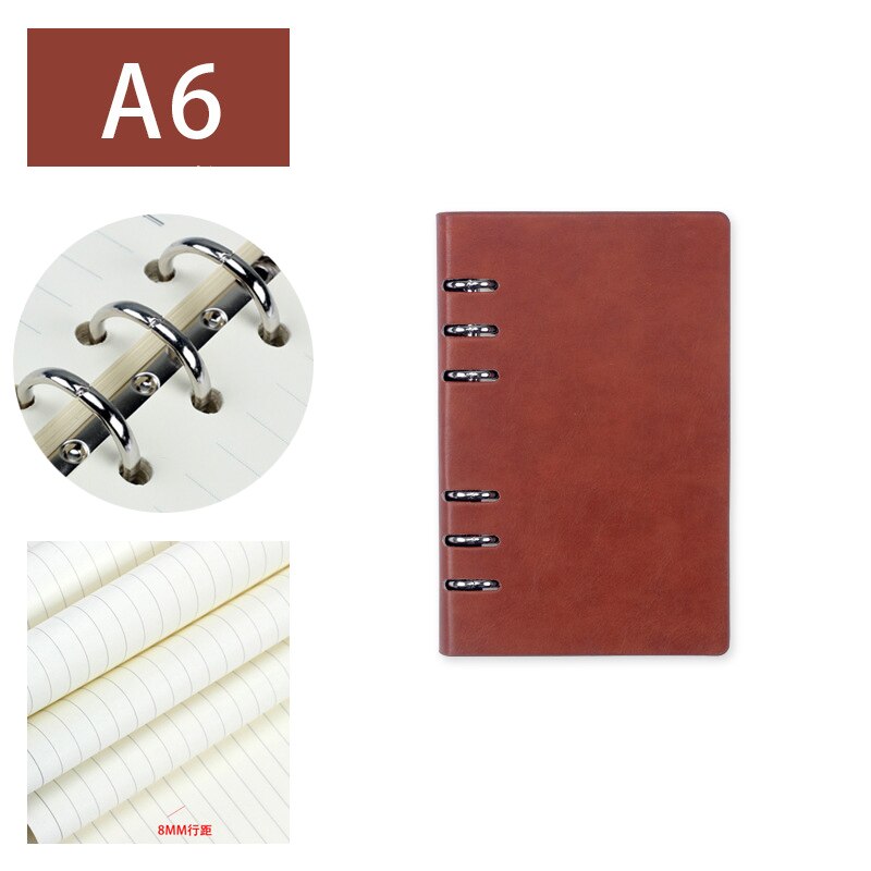 A5/a6/b5 pu læder 6 ringe bindemiddel spiral notesbog kontor dagsorden forretningsnotat bog journal dagbog planlægning notesbøger stationære: A6