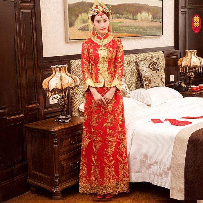 Rode Traditionele Chinese Trouwjurk Qipao Nationale Kostuum Womens Overzeese Chinese Stijl Bruid Borduurwerk Cheongsam S-XXXL