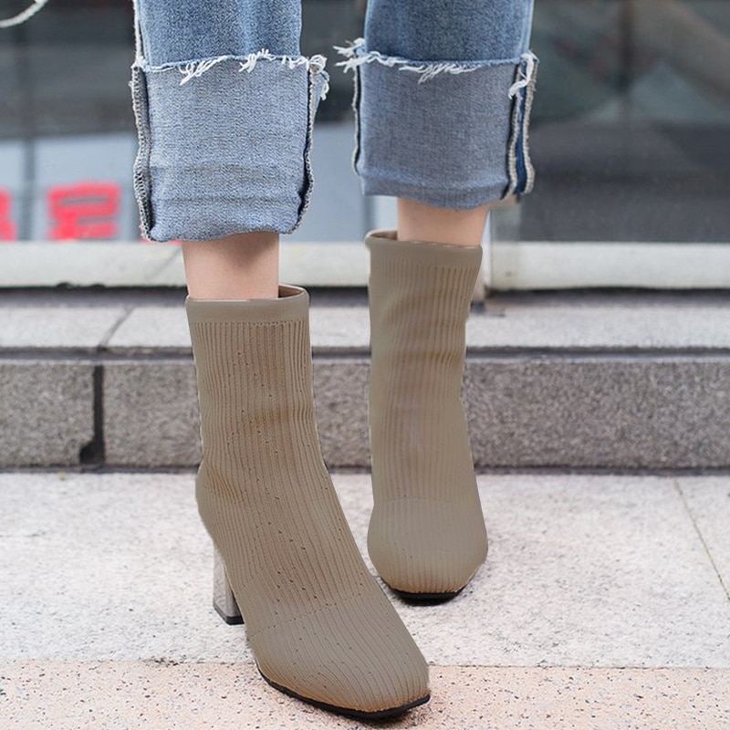 Femmes bottes tissu extensible Martin bottes bout carré talon épais bottines solide tricoté élastique tissu chaussettes bottes