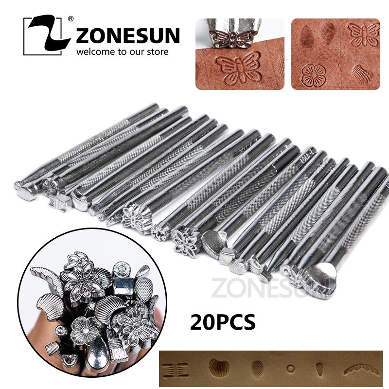 ZONESUN-kit de grabado en cuero, herramientas para tallar cuero, sellos para manualidades, estampación de artesanía en cuero, Impresión de Metal sólido