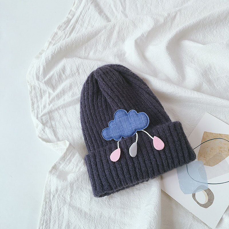 Herfst winter baby mutsen kinderen jongens meisjes mooie wolken gebreide muts effen kleur warme mutsen: Donkergrijs