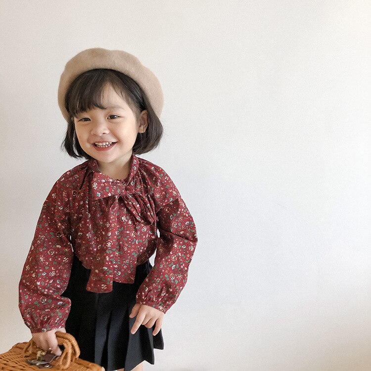 Herfst Schattige Meisjes Casual Bloemen Strik Frenal Mode Shirts Pastorale Stijl Lange Mouwen: Rood / 7T