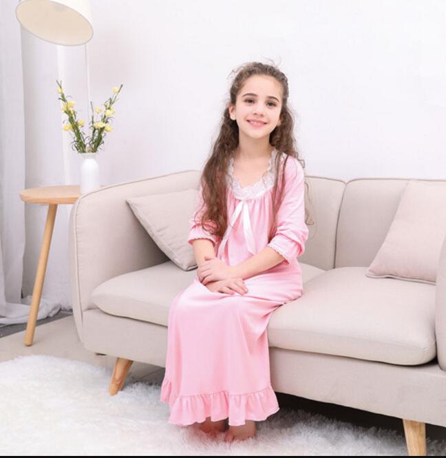 Camisón de algodón para niñas otoño blanco rosa lazo niñas camisón de manga larga niños ropa de cómodo ropa de casa