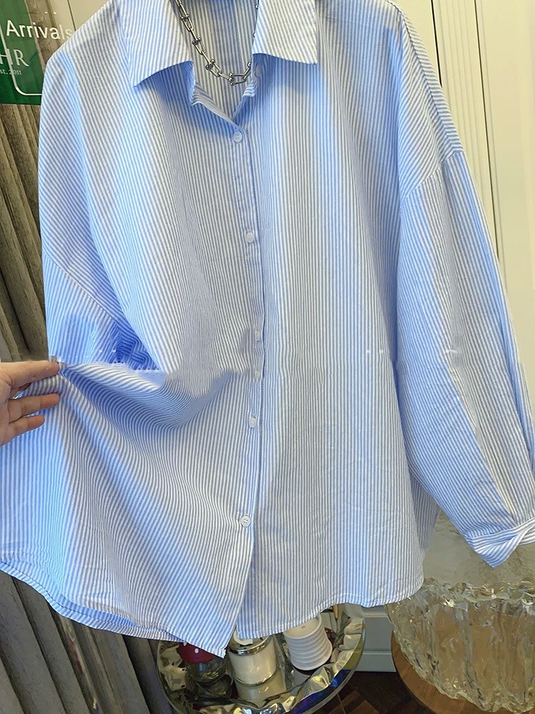 Camisa De algodón a rayas para Mujer, Blusa De manga larga con cordones, talla grande, a la , otoño, 2024