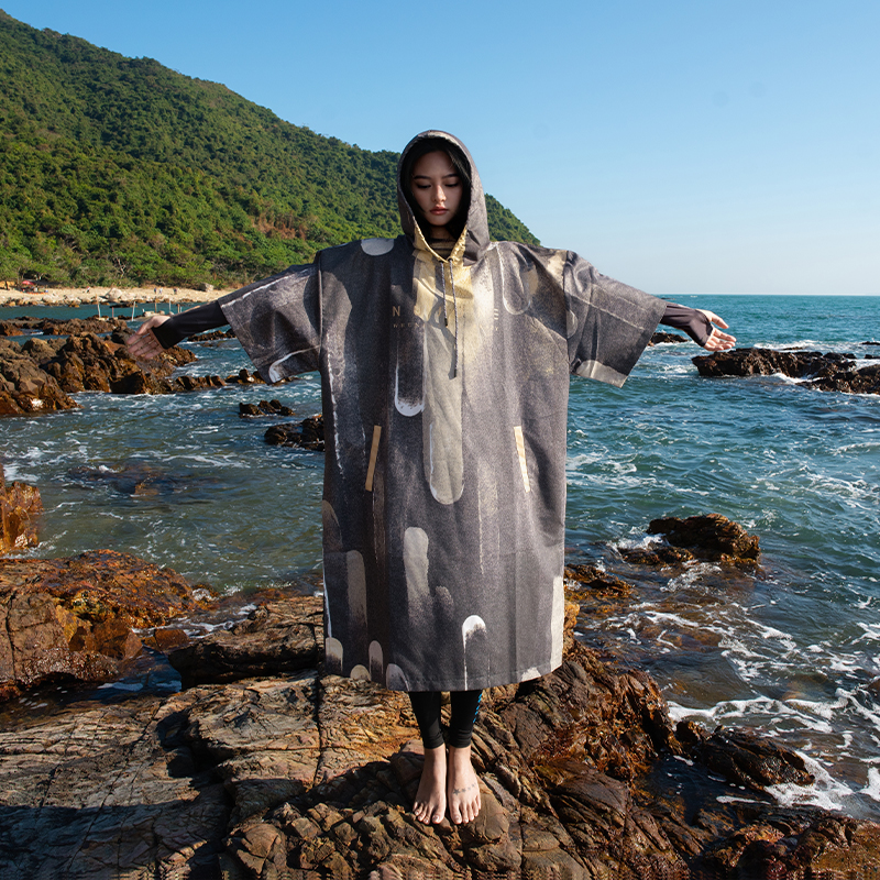 Nu-june surfponcho zwarte patchwork poncho unisex waterdichte sneldrogende hoodies zwemhanddoeken met strandduikkleding