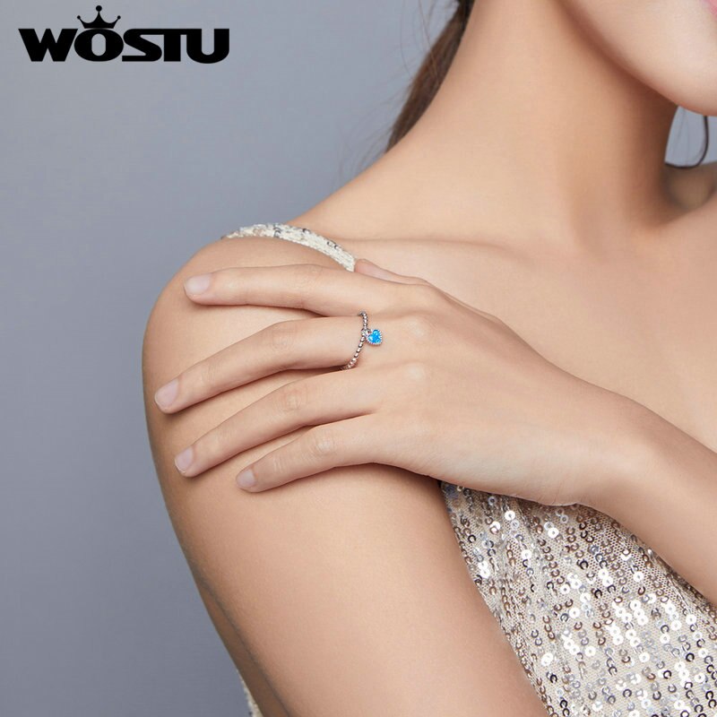 WOSTU Blue Heart Ring 925 Sterling Silver Stackable Translucent Opal Finger Ring For Women Wedding Engagement Jewelry CQR672