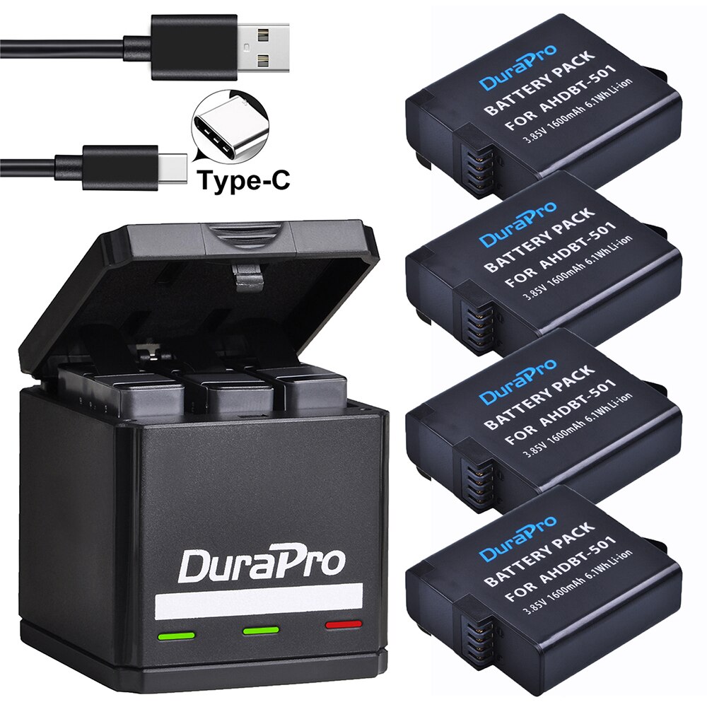 För gopro hero 7 hero 6 hero 5 svart batteri + usb 3- portar laddare med typ c port för gopro hero 7 6 hero 5 actionkameror: 4 batteripaket