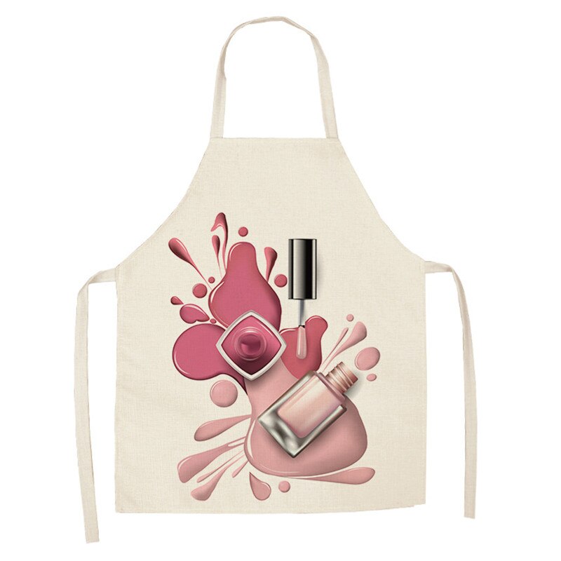 Negle makeup studio 1 stk pink læbestift og neglelak print forklæder til kvinder bomuld linned hagesmække husholdningsrengøring madlavning: Wql 0179-14