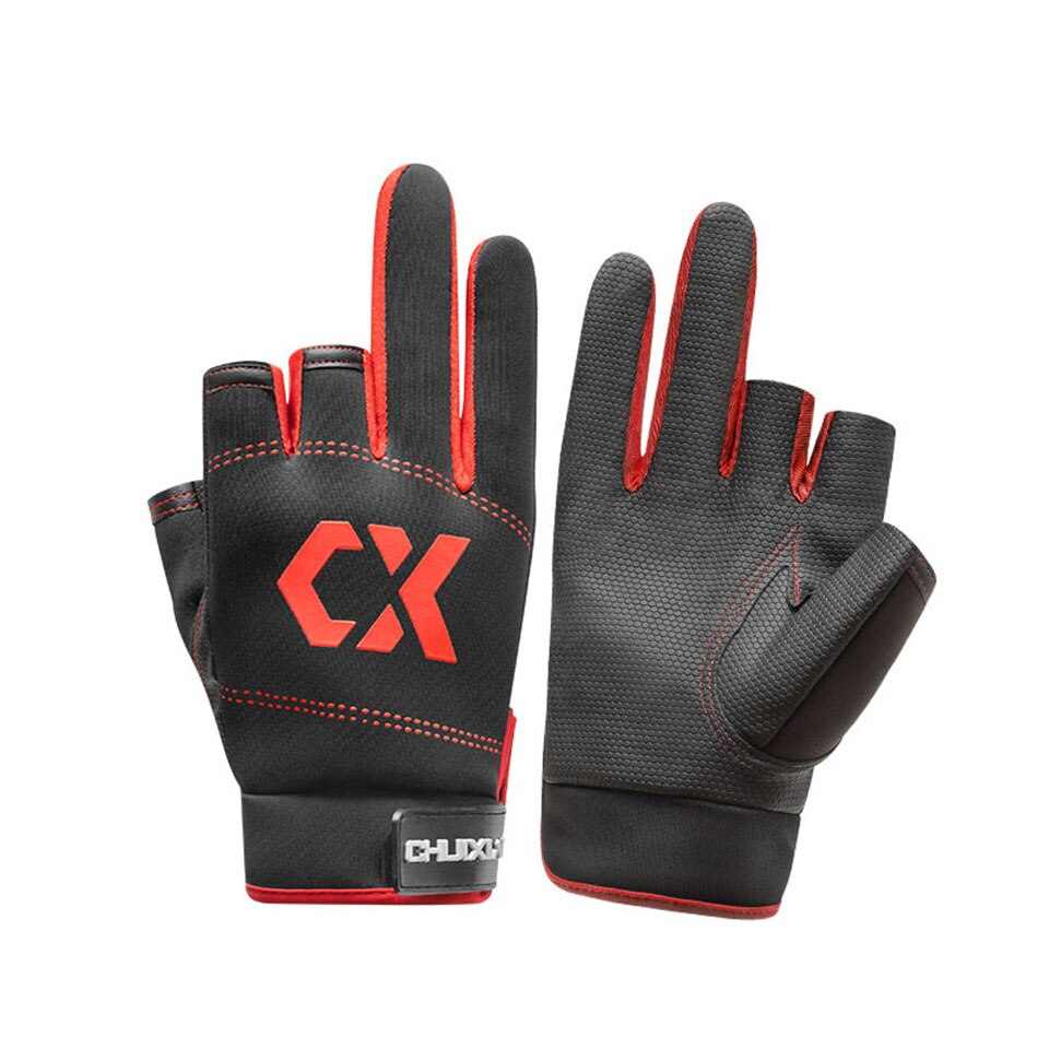 Guantes de pesca antideslizantes para hombre y mujer, equipo deportivo con 3 dedos cortados, para pesca al aire libre, 1 par: Black with Red