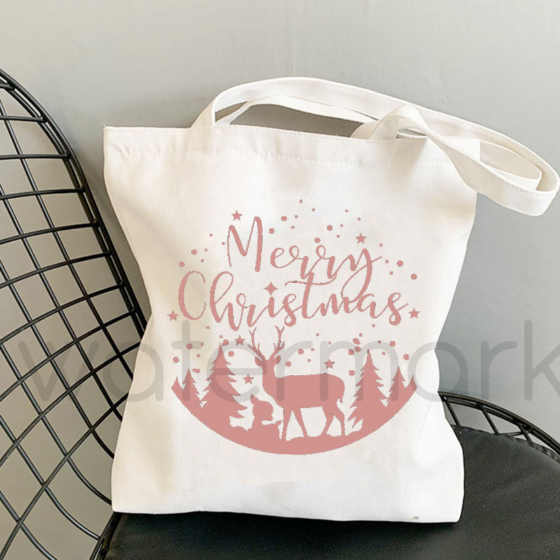 Shopper – sac à main Kawaii imprimé joyeux noël pour femmes, sac de Shopping en toile, fourre-tout pour filles, sac à bandoulière: Marron