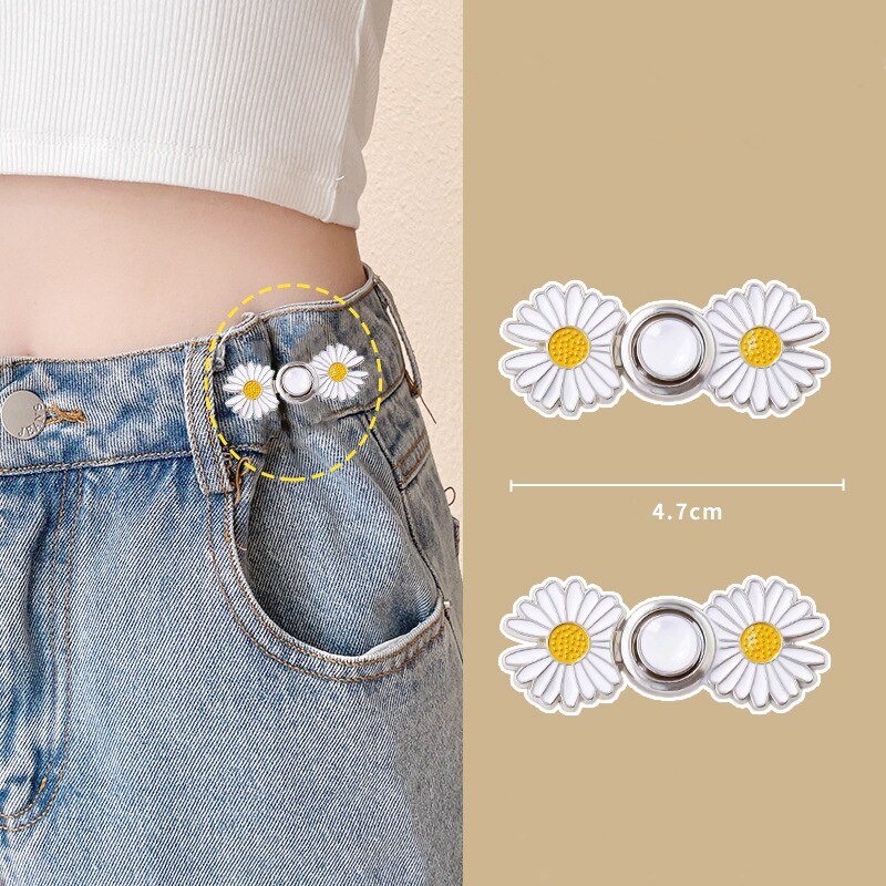 2 Stück Gänseblümchen-Blumen-Hosen-Broschen, Schnallennadeln, straffen sterben Taille, Taillenclip, verstellbarer Druckknopf, abnehmbarer Knopf für Hosen, Jeans