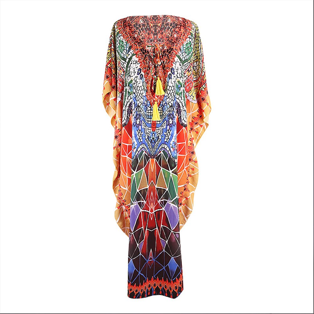 Bohemian geprinte strand maxi-jurk snel drogend lange tuniek dames strandbedekking v-hals vleermuismouwen oversized strandkleding kaftan