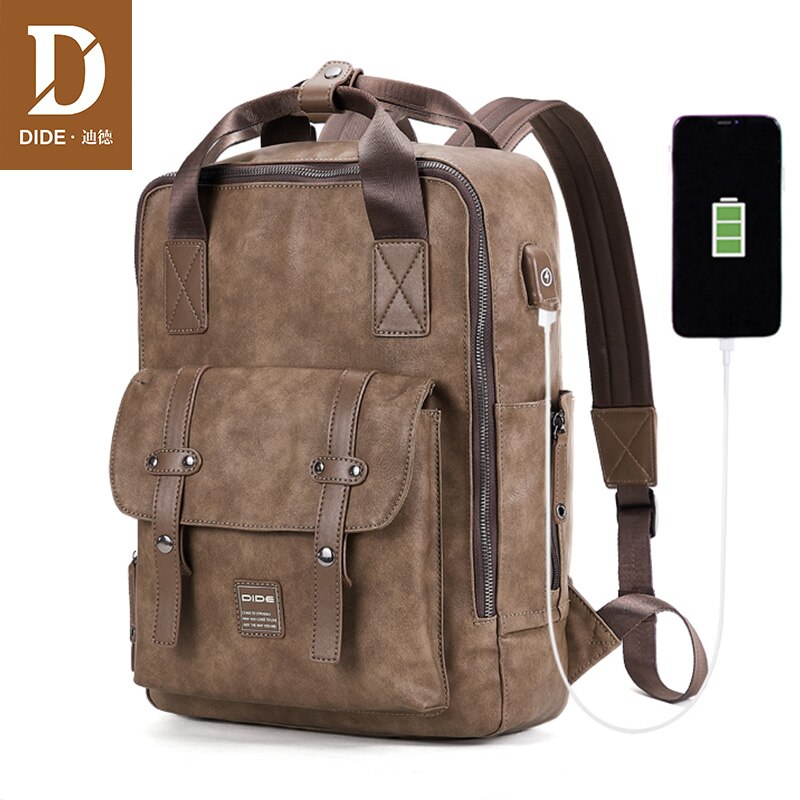 DIDE moda w stylu zwykły, czarny plecak męnarty z ładowaniem USB podróżny plecak PU skóra 14/15 calowy plecak na laptopa męnarty tornister: khaki